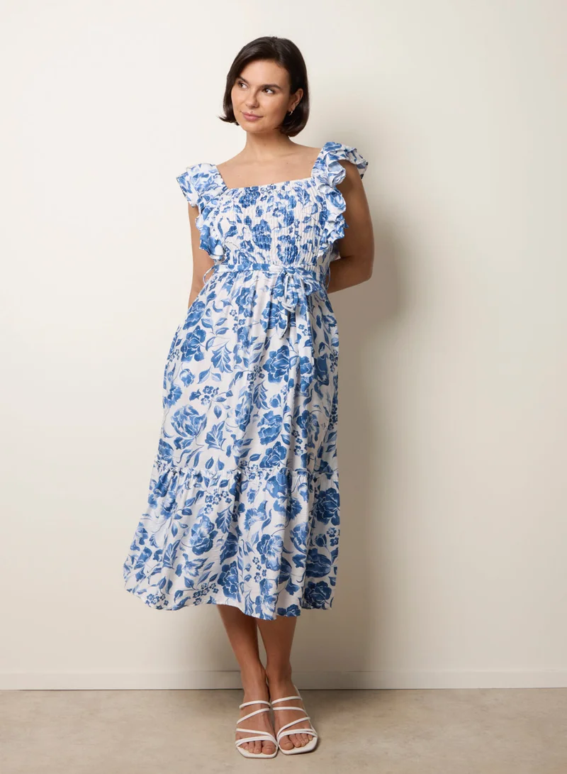 بلو فانيلا Frill Sleeveless Dress With Floral Print